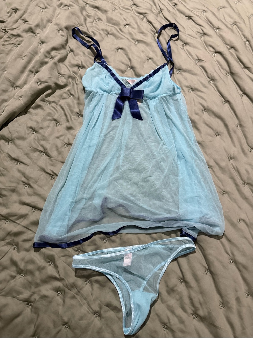NEW Victoria's Secret 2pc Light Blue Mesh Slip Dress with Navy Trim and Bow